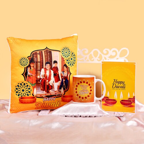 Buy Personalized Cushion with Diwali Mug and Greetings