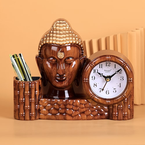 Buy Wooden Brown Pen Stand with Buddha Statue and Watch