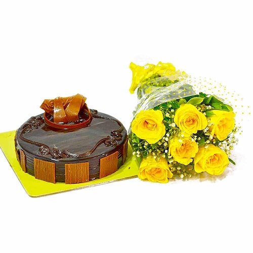 Buy Forever Yellow Roses and Cake Delights