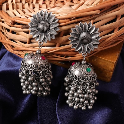 Women Oxidised Artificial Stones Jhumka