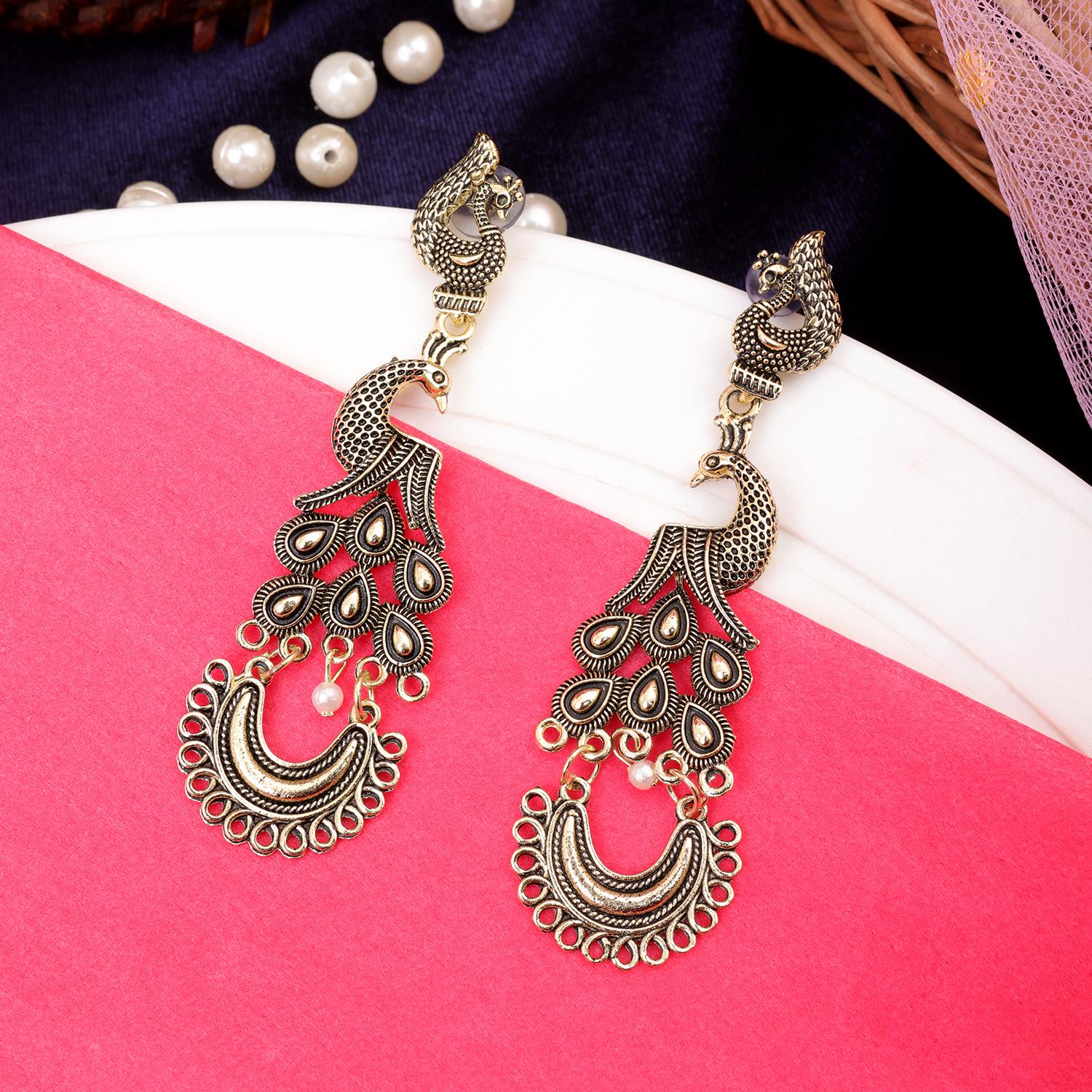 Traditional Peacock Shape earring carved in real stone and meenakari work |  BB26E2 | Cilory.com