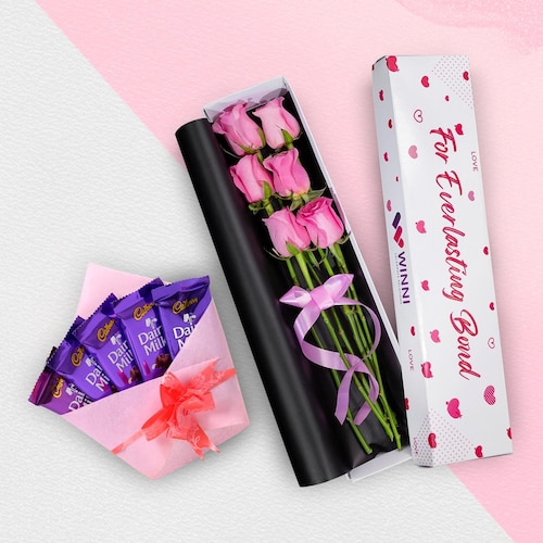 Buy Tempting Chocolates With Pink Roses Box