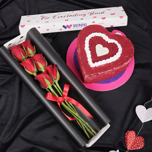 Buy Red Velvet Cake With Red Rose Box