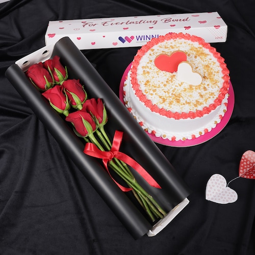 Buy Butterscotch Cake With Red Rose Box