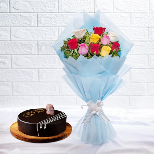 83868_Colorful Roses Bouquet And Chocolate Cake Combo