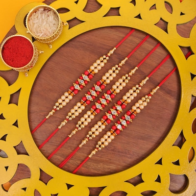 Set Of 5 White And Red Pearl Rakhi