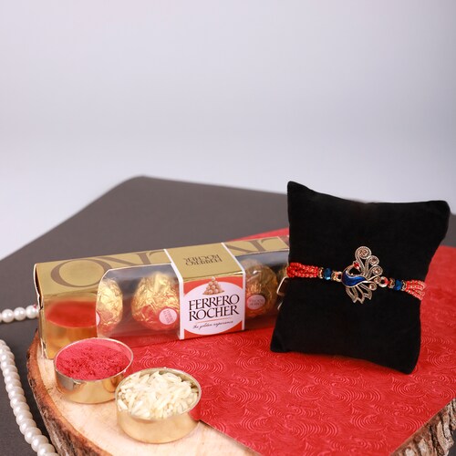 Buy Gold Peacock Rakhi With Ferrero Rocher Chocolate