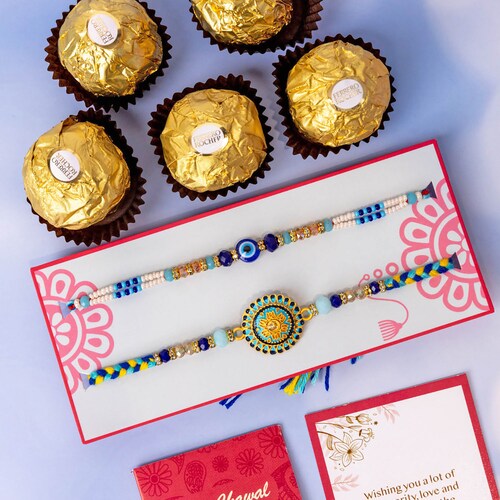 Buy Set Of 2 Elegant Blue Rakhi With Ferrero Rocher