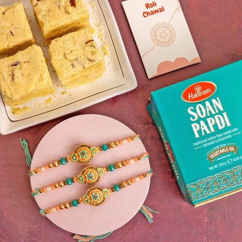 Buy Set Of 3Traditional Rakhi With Soan Papdi