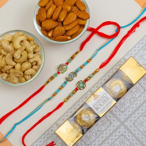 Buy Set Of 3 Beads Rakhi With Mixed Dry Fruit And Ferrero Rocher