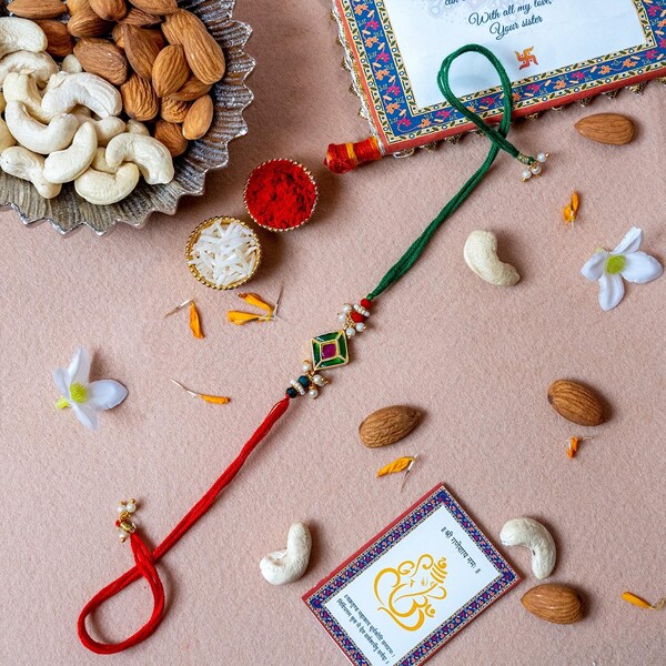 Opulent Green Kundan Silver Rakhi With Dry Fruits Winni