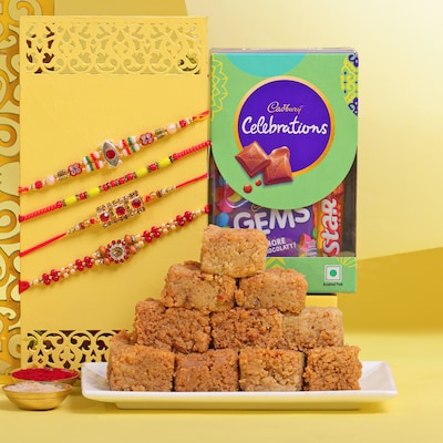 Set Of 4 Rakhi With Choco and Sweets