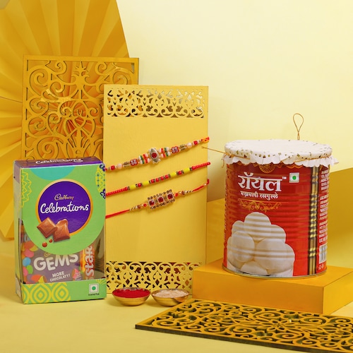 Buy Set Of 3 Rakhi With Rasgulla and Chocolate