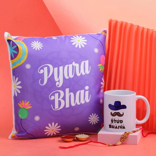 Buy Beads Rakhi With Bhaiya Mug And Cushion