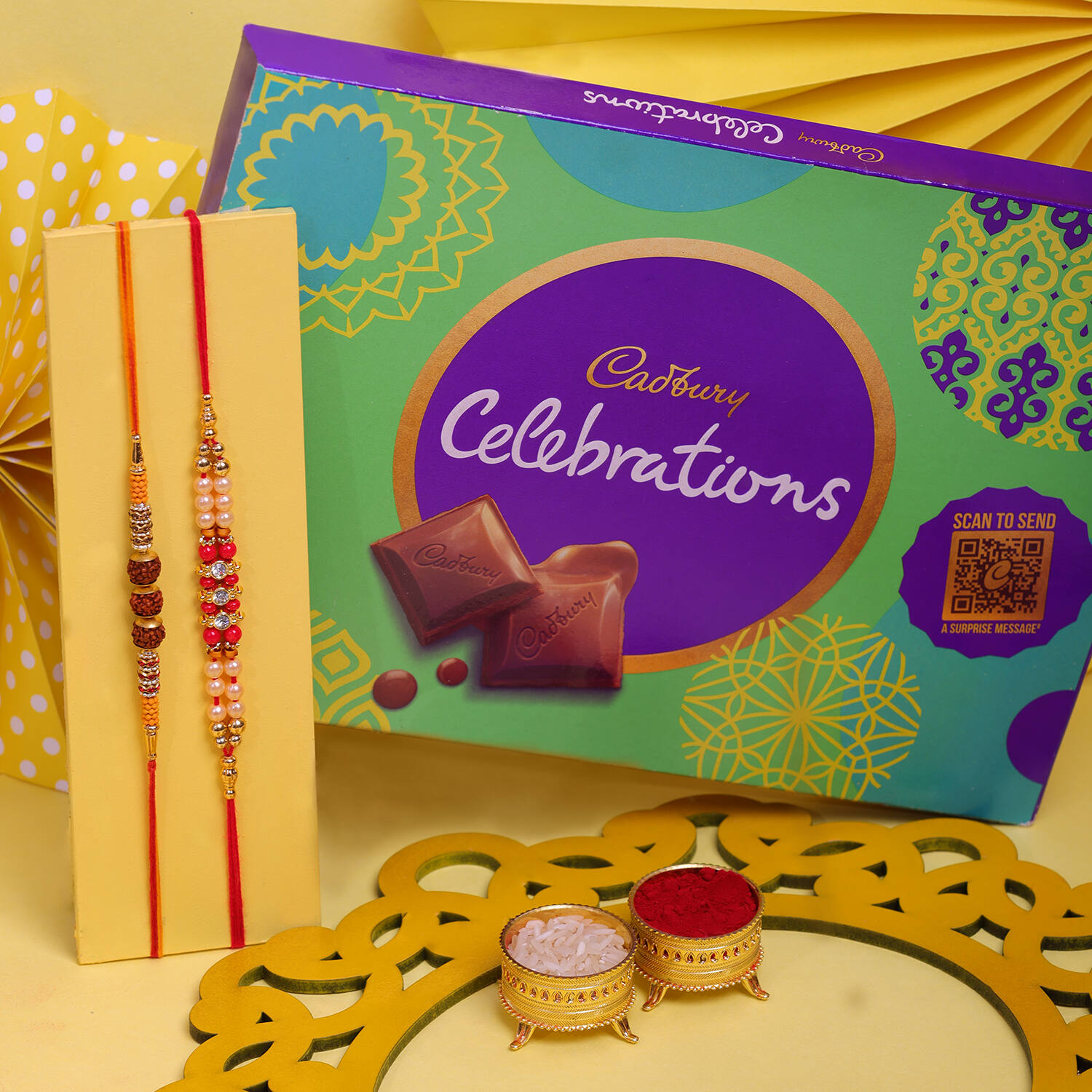 Rakshabandhan Gift Combo - Bhaiya Bhabhi Rakhi, Cadbury Celebrations Rich  Dry Fruit Chocolate & Roli Chawal