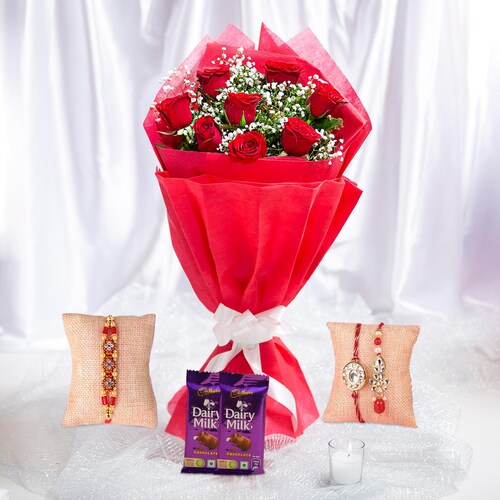 Buy 8 Red Roses Bouquet N Chocolate With Rakhi Combo