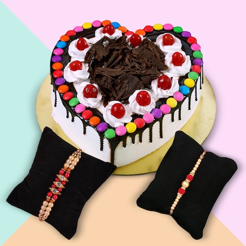 Buy Heart Shape Black Forest Cake And Set Of 2 Rakhi