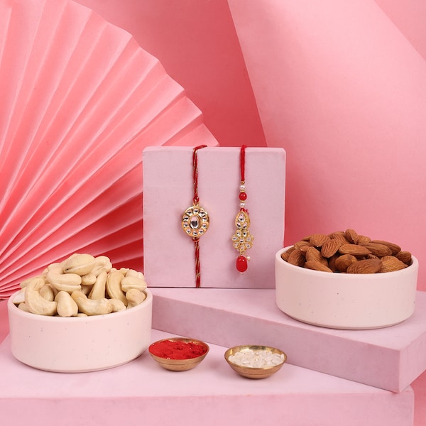 Kundan Couple Rakhi Set With Dry Fruits Treats Winni