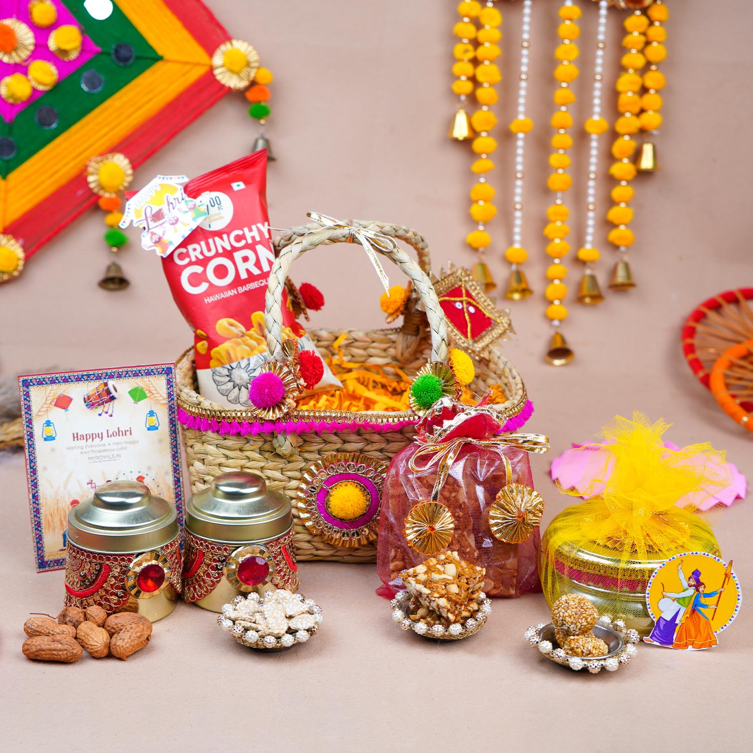Buy Kesar Sweets | Lohri & Makar Sankranti Snacks & Sweets Gifting Hamper  Box - Gifts Pack with Sweet Finni, Panjeeri laddoo, Dry Fruit Box,  Chocolate Rewari, Popcorn in Potli & Moongphali