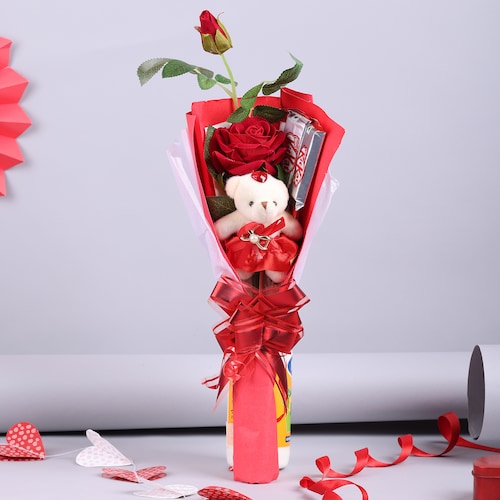 Buy Artificial Rose with Choco Teddy Bouquet