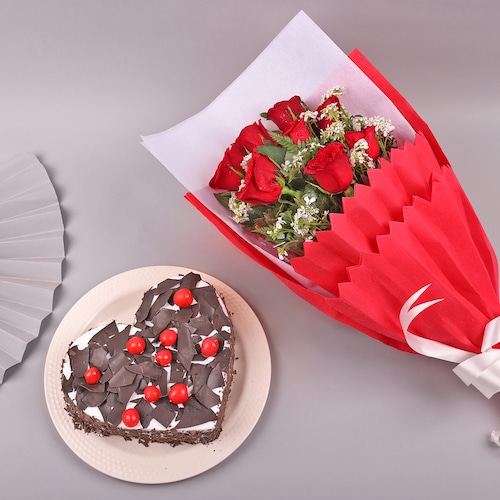 Buy Classic Black Forest Cake with Red Roses