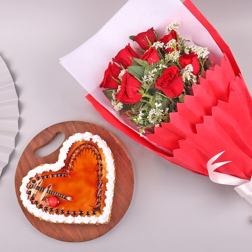Buy Heartful Butterscotch Cake with Red Roses