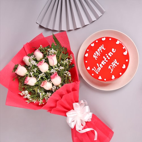 Buy Gorgeous Pink Roses with Black Forest Cake