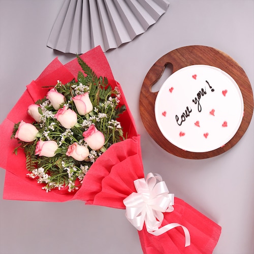 Buy Pineapple Round Cake with Pink Roses