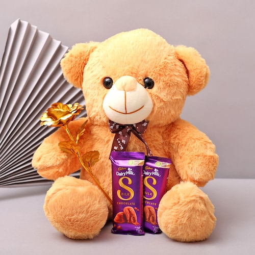 Buy Golden Elegance with Teddy and Chocolates