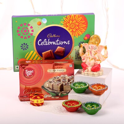 Set of 4 Diyas with Ganesha Sonpapdi and Chocolates