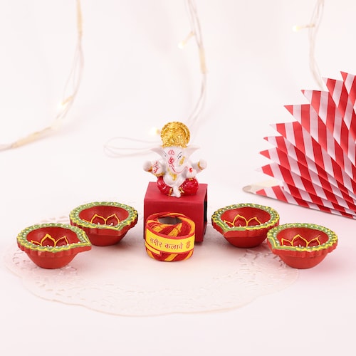 Buy Set of 4 Diyas Mauli and Ganesha Idol