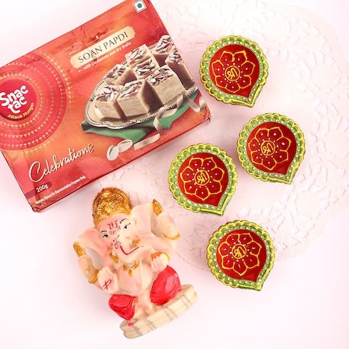 Buy Soan Papdi with Diyas and Ganesha Idol