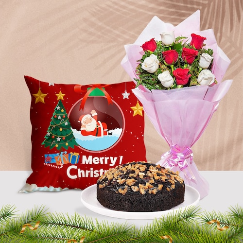 Buy Divine Roses with Cushion and Plum Cake