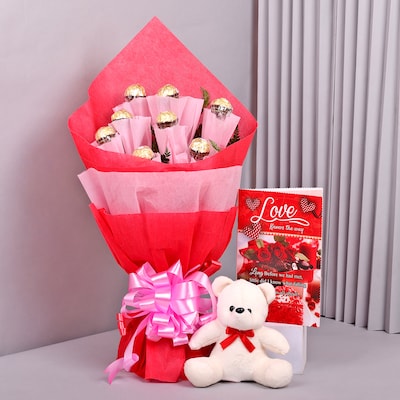 Splendid Ferrero Bouquet with Teddy and Greeting Card
