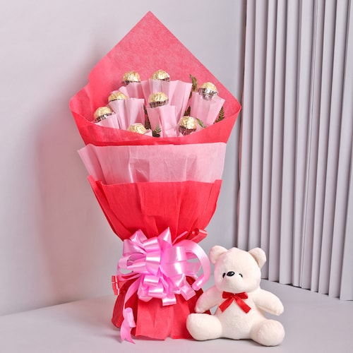 Buy Two Layer Ferrero Bouquet with Teddy Delight
