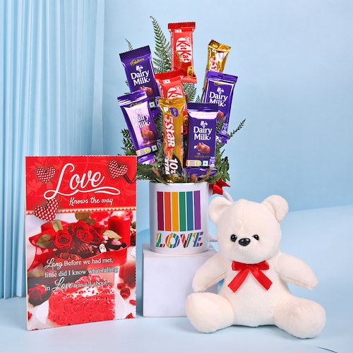 Buy Blissful Combo of Chocos Mug with Card and Teddy