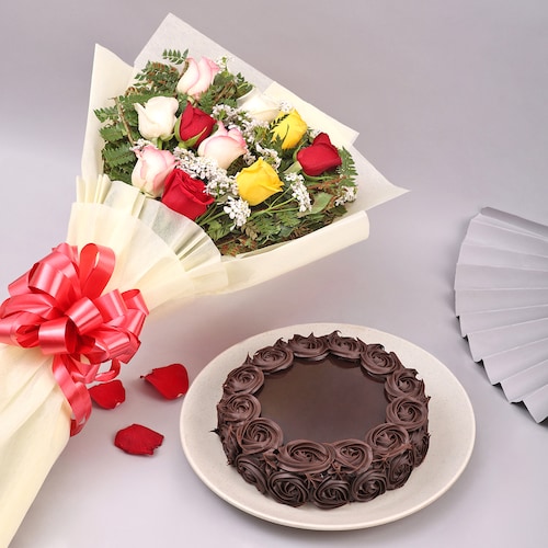 Buy Chocolate Delight Cake with Mixed Roses