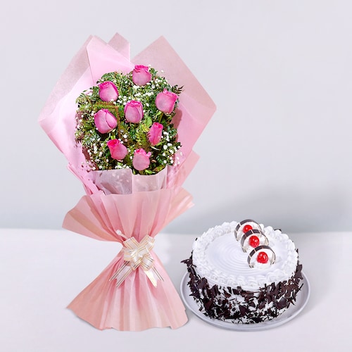 Buy Pink Roses With Cake