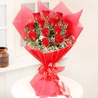 Red Roses in Red Packing Bouquet