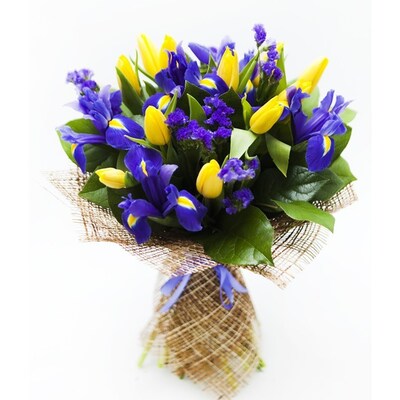 Bouquet of Iris Blue and Yellow Tulips