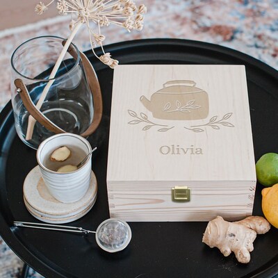Beautiful Wooden Tea Box With Engraved Lid