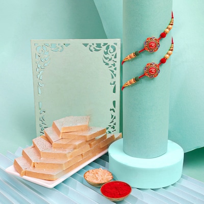 Set Of 2 Beads Rakhi With Kaju Katli