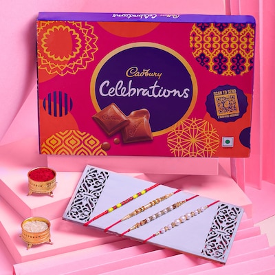 Set Of 4 Pearl Rakhi With Cadbury Celebration Pack