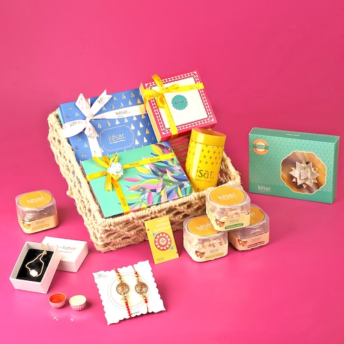 Buy Sustainable Couple Rakhi Set with Gourmet Hamper