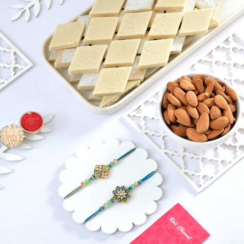 Buy 2 Rakhis with Almonds and Kaju Katli