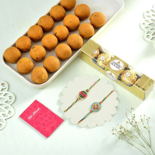 Buy Set of 2 Rakhi with Rochers and Laddu