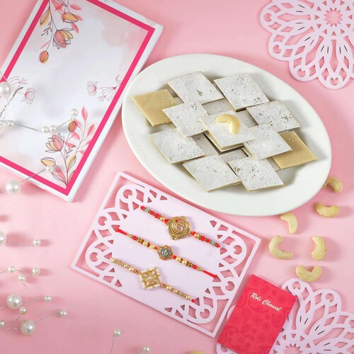 Buy Kaju Katli with 3 Designer Rakhis