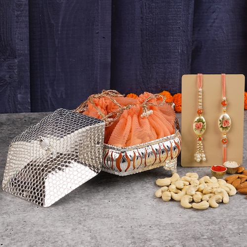 Buy Handpainted Tensha Stone Rakhi Set with Nuts Potli