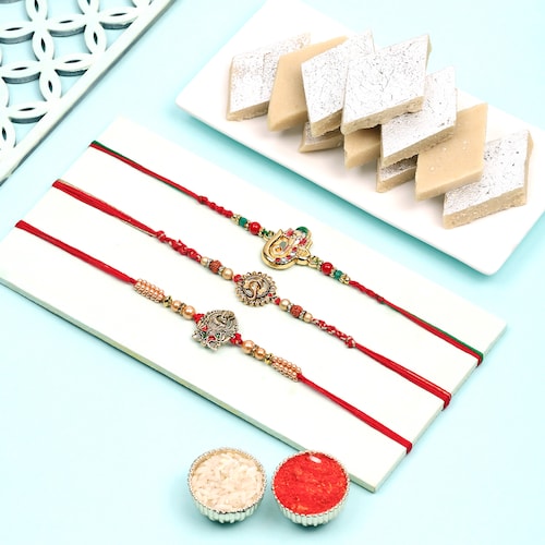 Buy Set of 3 Rakhi with Kaju Katli