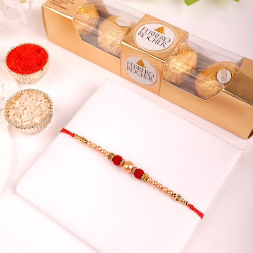 Buy Single Valvet Pearl Rakhi With Small Ferrero Rocher 4 pcs